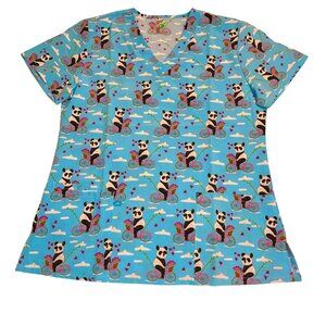 Panda Bears on a Bike Floral Blue Scrub Shirt Top Small Nurse Vet Xray Tech READ